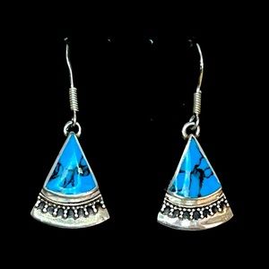 Vintage Sterling Silver & Turquoise Fan Hook Earring